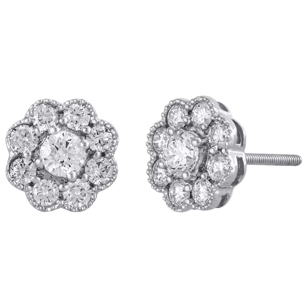 14K White Gold Solitaire Diamond Flower Stud Earrings 1 CT. C425