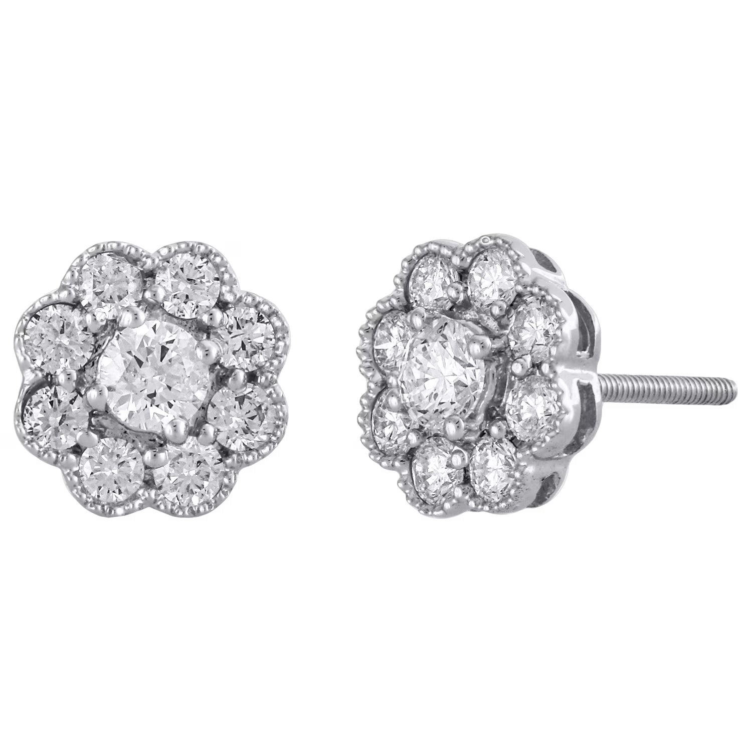 14K White Gold Solitaire Diamond Flower Stud Earrings 1 CT. C425