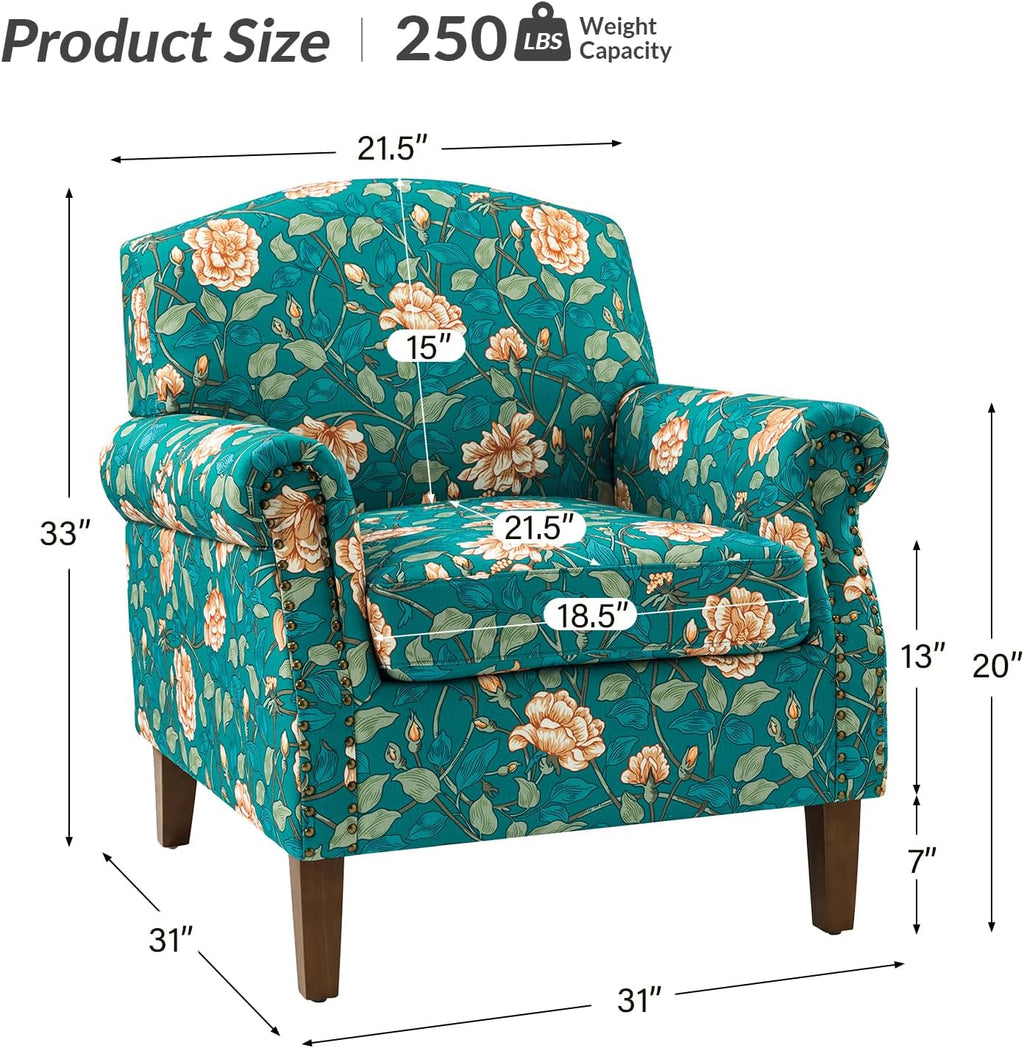 Teal Accent Chair with Wood Legs and Removable Cushion D8656