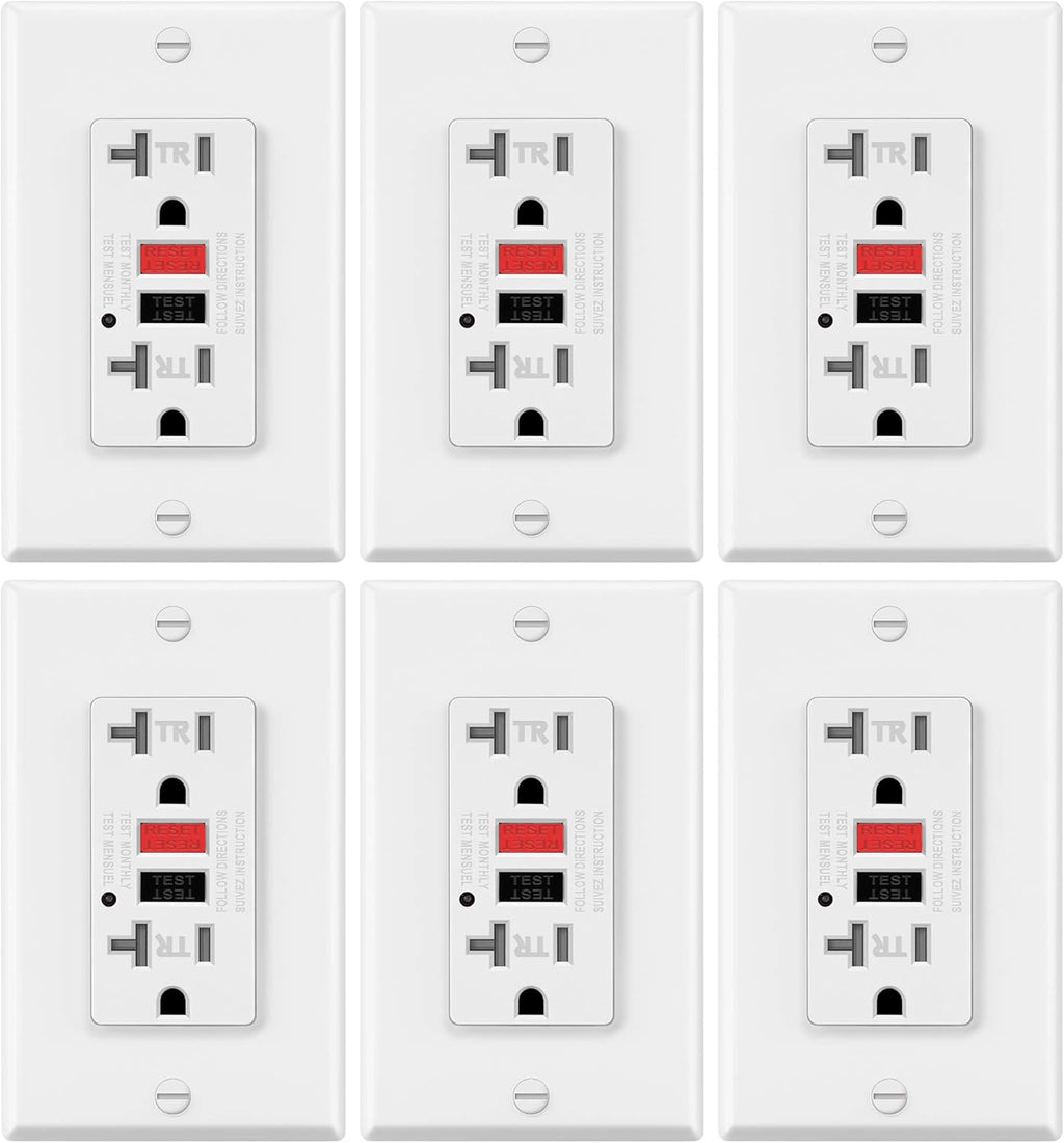6 Pack White GFCI Outlets Receptacles with LED Indicator, 20A/125V/2500W, Tamper-Resistant, Decorator Wall Plates and Screws Included K5089