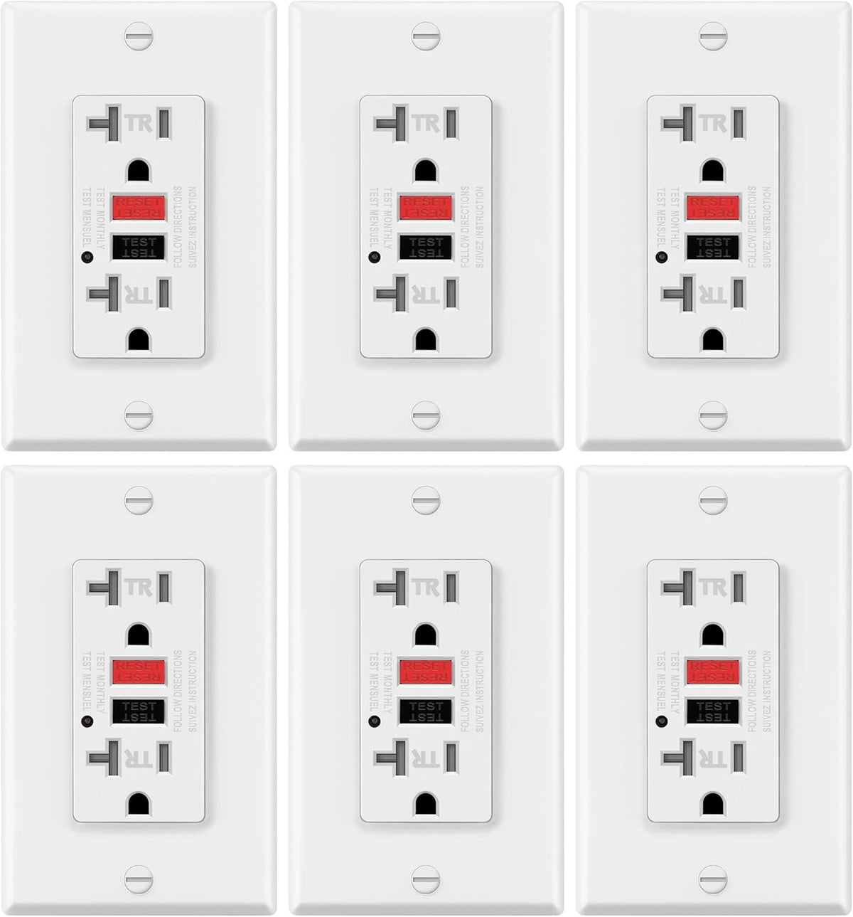 6 Pack White GFCI Outlets Receptacles with LED Indicator, 20A/125V/2500W, Tamper-Resistant, Decorator Wall Plates and Screws Included K5089
