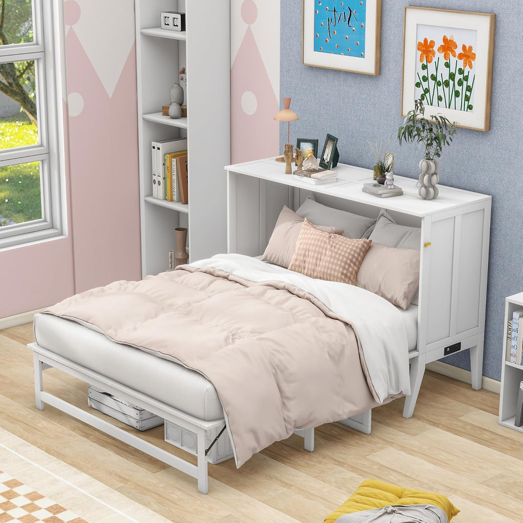 White Queen Murphy Bed Chest with Charging Station J31455