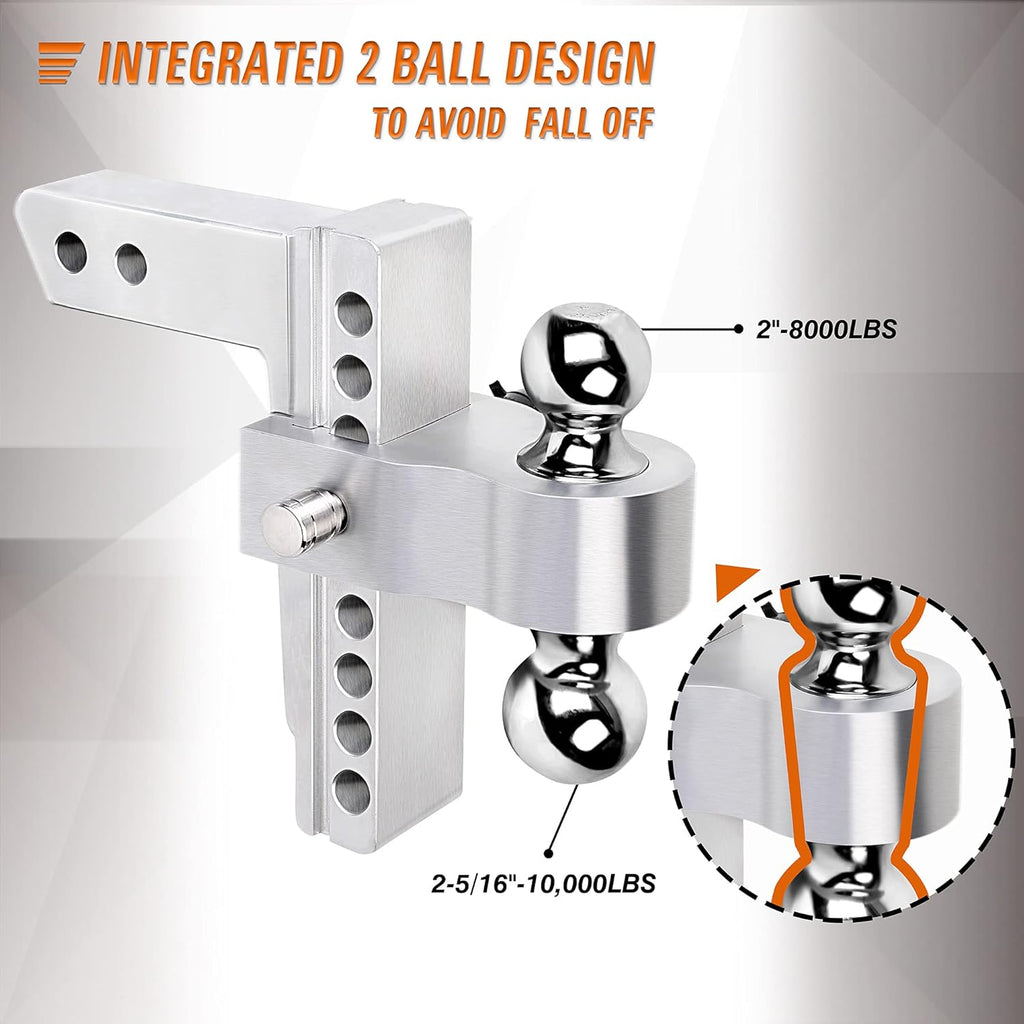 2 Inch Receiver Hitch, 8 Inch Drop/Rise, Dual Towing Balls with Double Pin Key Locks A201