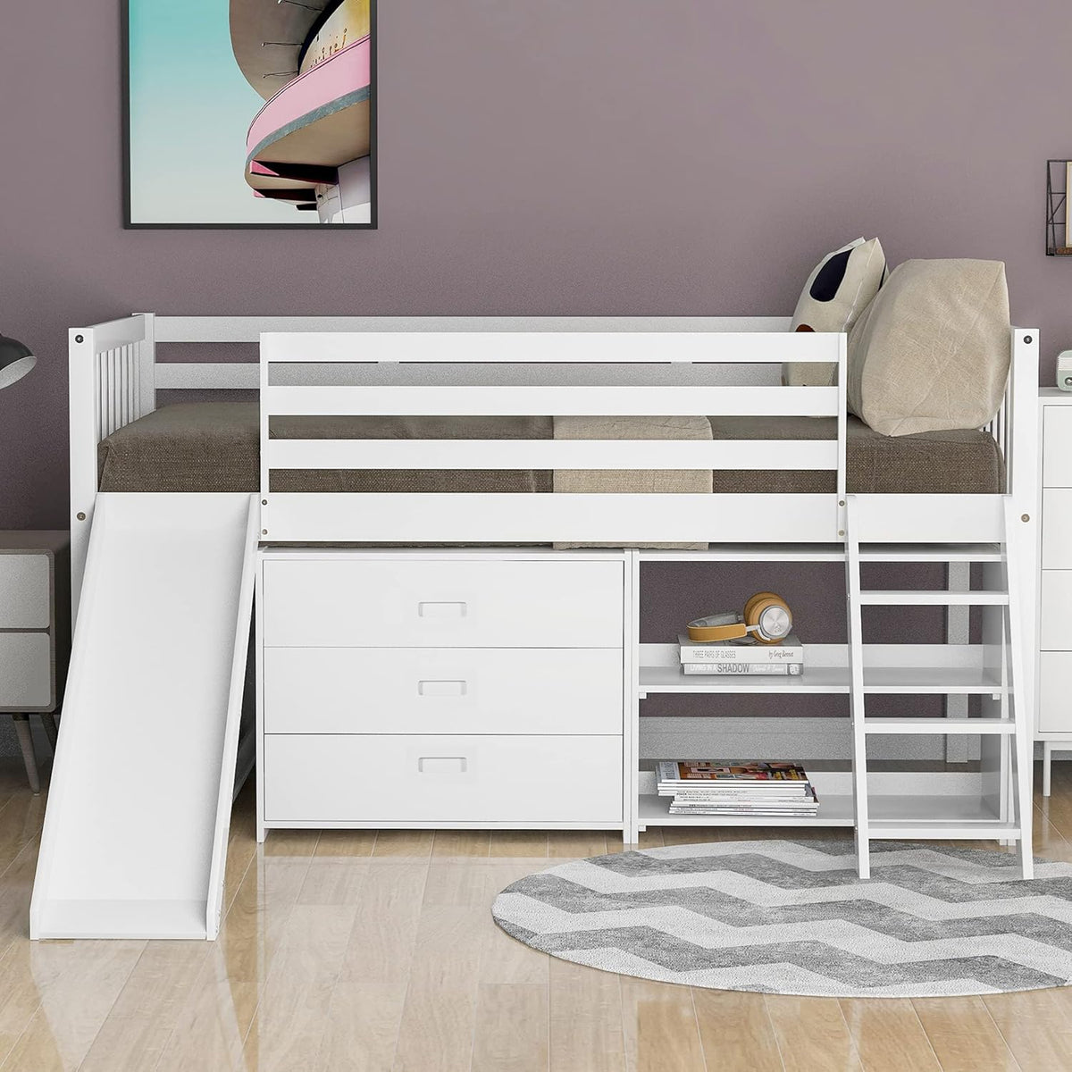 Twin Size Solid Wood Loft Bed with Slide and Storage Shelves U449