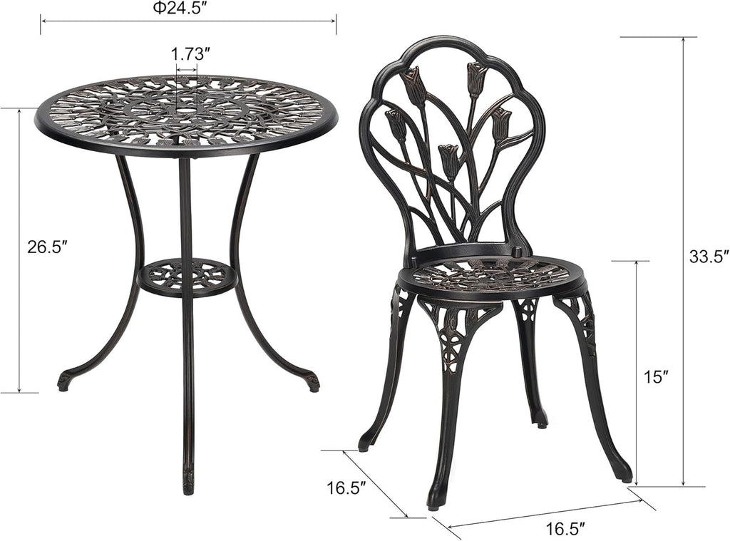 3-Piece Cast Aluminum Patio Bistro Set with Rust-Resistant Table and 2 Chairs W981