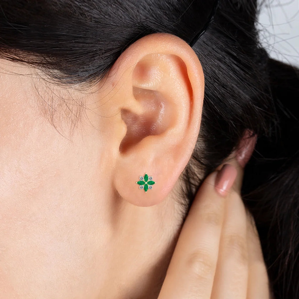 Emerald and Diamond Flower Earrings in 10K Yellow Gold I154