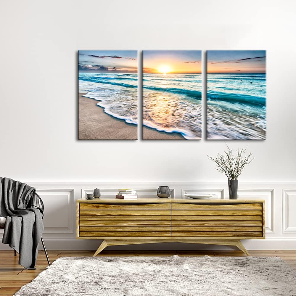 3 Panels Blue Beach Sunrise White Wave Canvas Wall Art S784