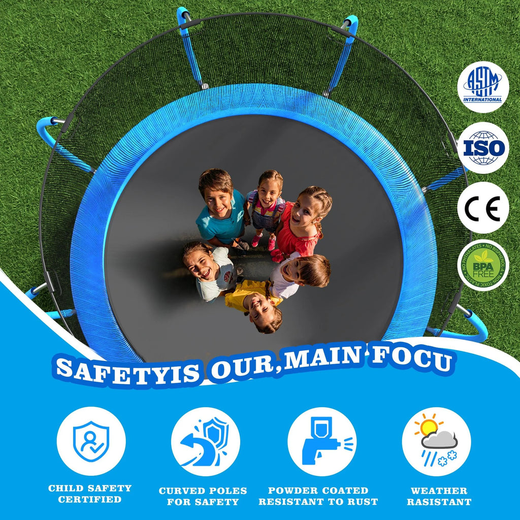12FT Blue Outdoor Kids Trampoline with Basketball Hoop & Enclosure I710650