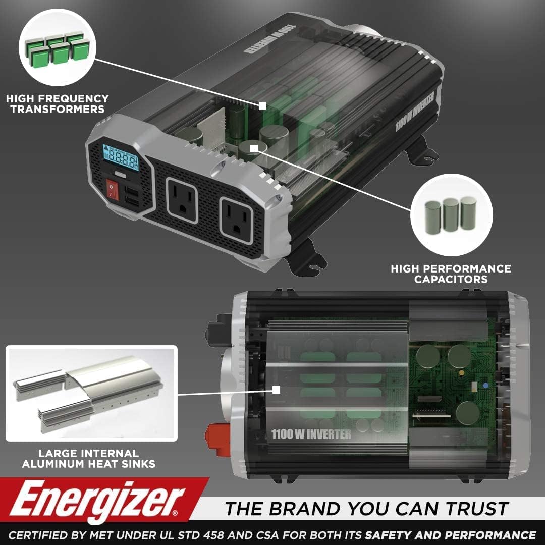 1100 Watts Power Inverter, 12V to 110 Volts, Two AC Outlets, Two USB Ports, Pack of 2 L7940