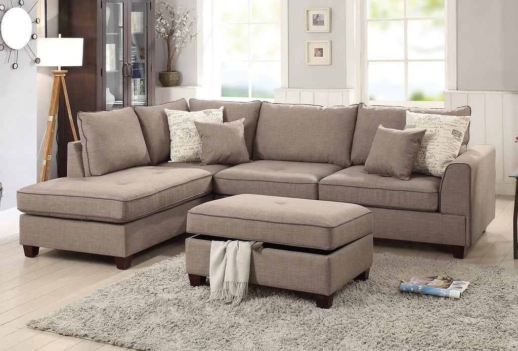 Mocha Fabric Reversible Sectional Sofa Chaise with 4 Accent Pillows N7356