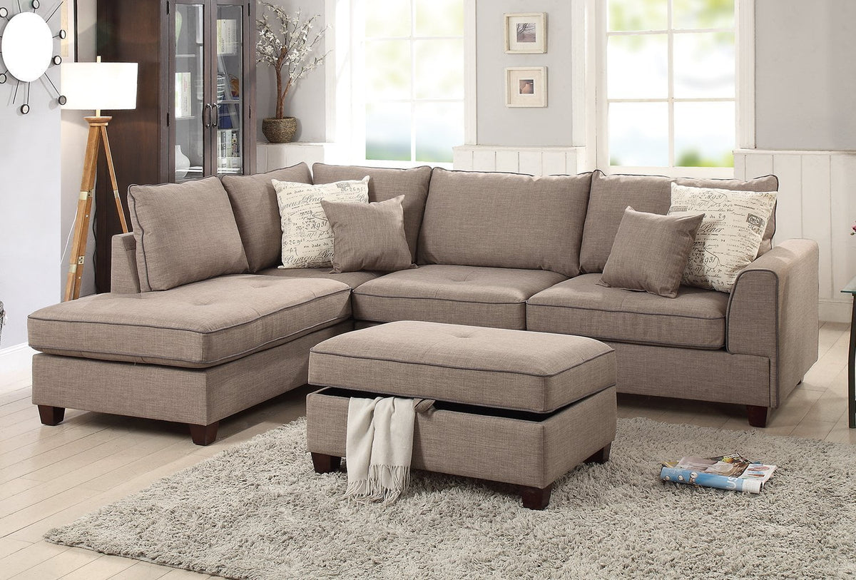 Mocha Fabric Reversible Sectional Sofa Chaise with 4 Accent Pillows N7356
