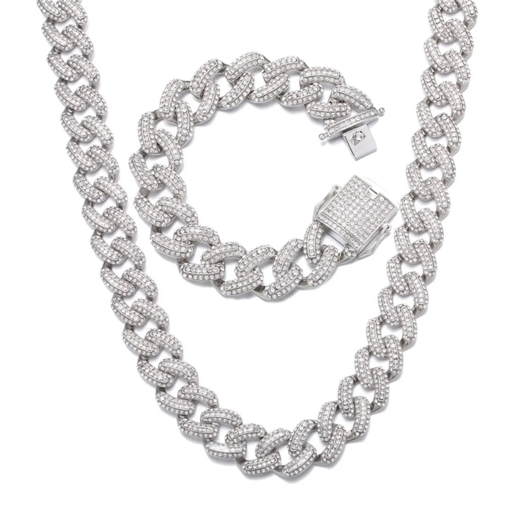19MM Zircon Cuban Chain Necklace Bracelet Set 24" E3837