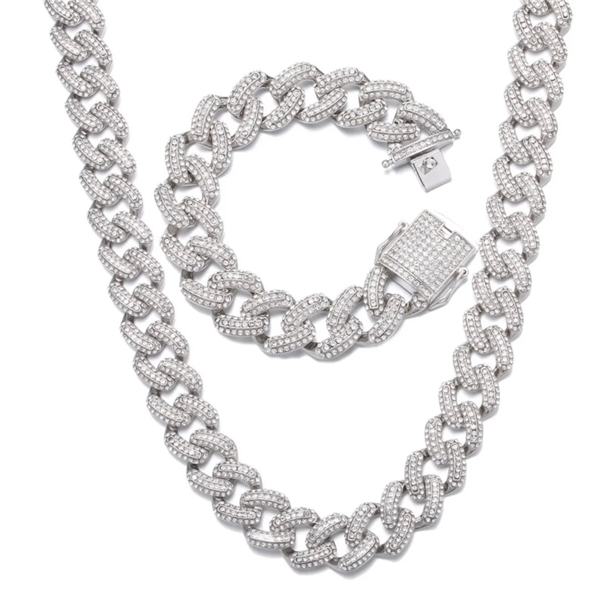 19MM Zircon Cuban Chain Necklace Bracelet Set 24" E3837