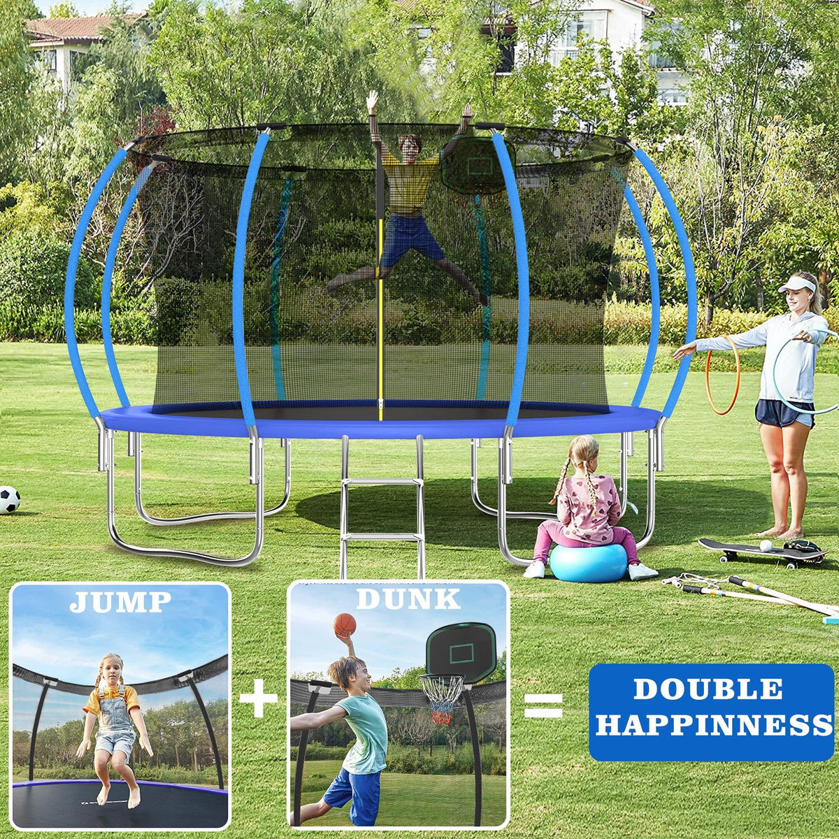 12FT Blue Outdoor Kids Trampoline with Basketball Hoop & Enclosure I710650
