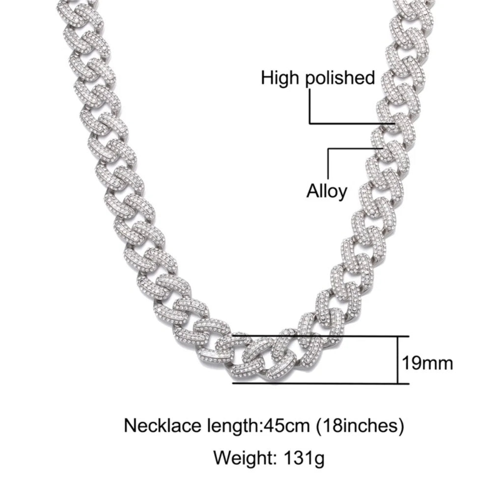 19MM Zircon Cuban Chain Necklace Bracelet Set 24" E3837