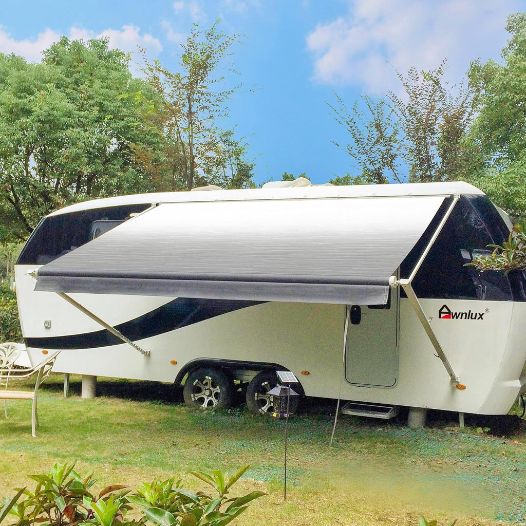 White Manual Modular Retractable RV Awning Full Set Assemblies, 10x8 Ft, Black Strip I82455