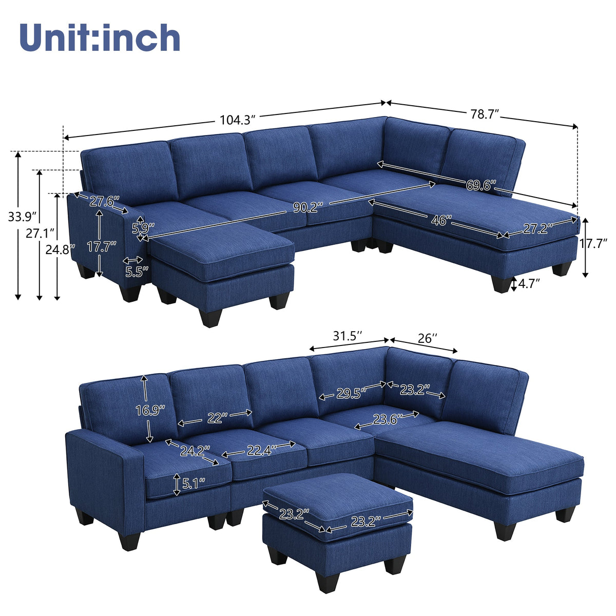 Blue Linen Fabric L-shaped Sectional Sofa L17245