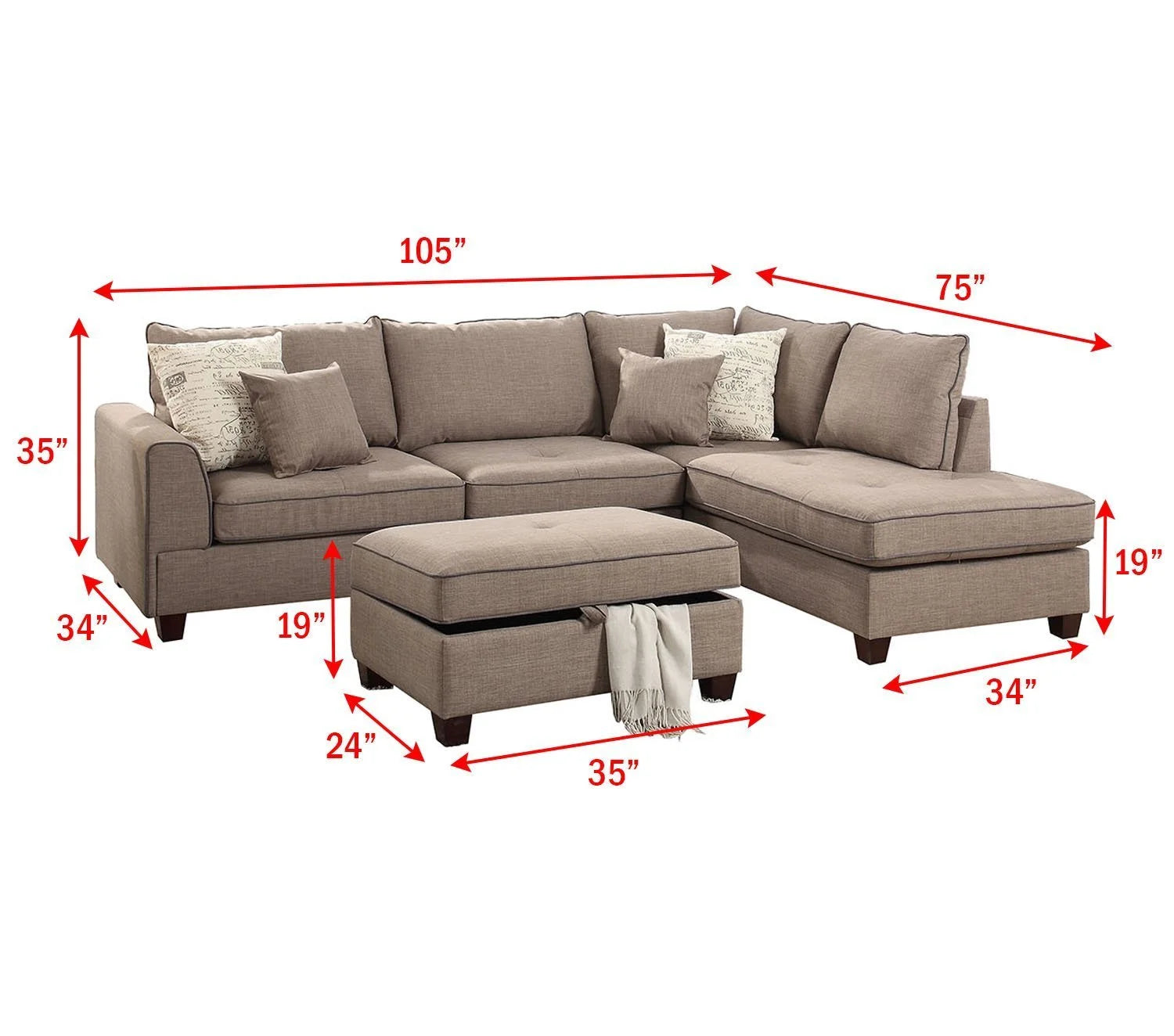 Mocha Fabric Reversible Sectional Sofa Chaise with 4 Accent Pillows N7356
