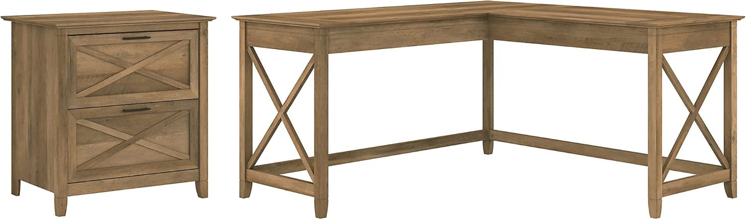 Dark Gray Hickory L Shaped Desk with 2 Drawer Lateral File Cabinet G5056