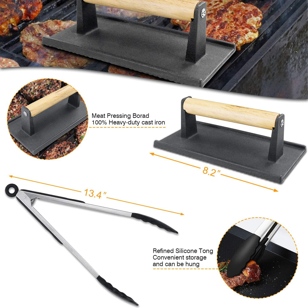 Griddle Tool Set Flat Top Grill Accessories Kit with 304 Melting Dome Lid, Spatulas, Scraper, Egg Rings, Burger Press Carrying Bag & Squirt Bottles Y346