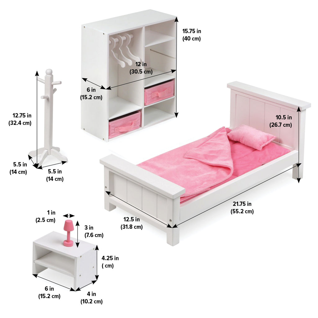 White Doll Bedroom Set with Bed, Armoire, and Nightstand R44884