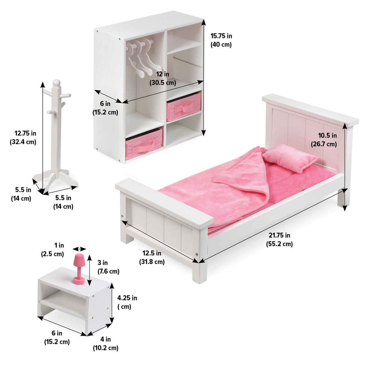 White Doll Bedroom Set with Bed, Armoire, and Nightstand R44884