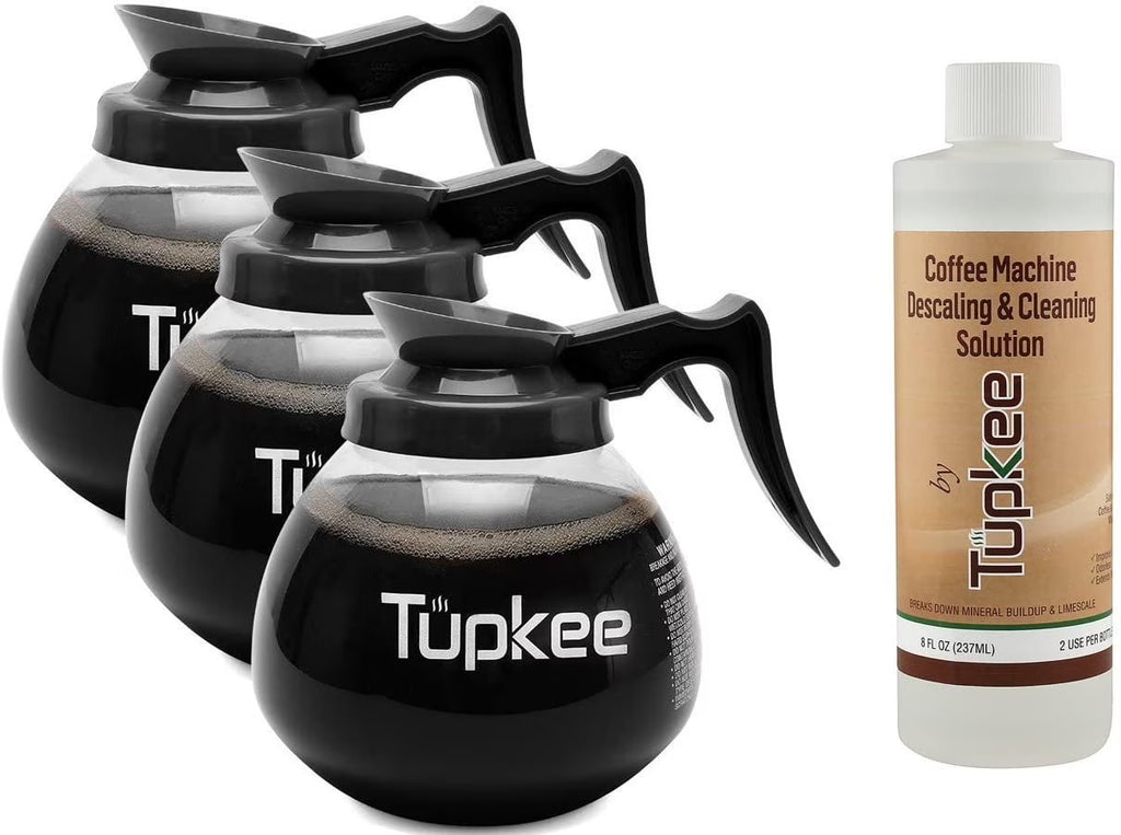 Glass Coffee Pots Decanter Carafe, 64 oz. 12-Cup, Set of 3 Black Handle, Coffee Machine Descaler & Cleaning Solution J4977