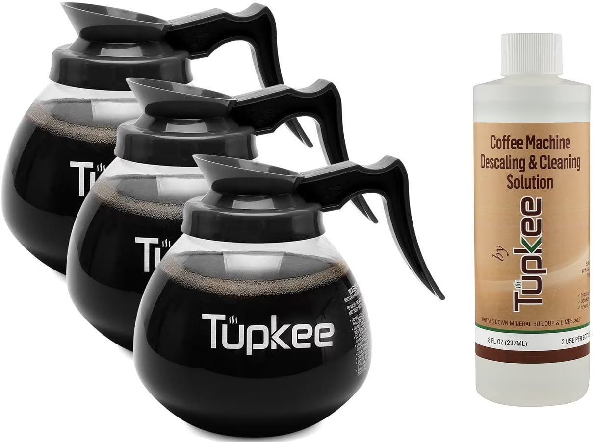 Glass Coffee Pots Decanter Carafe, 64 oz. 12-Cup, Set of 3 Black Handle, Coffee Machine Descaler & Cleaning Solution J4977
