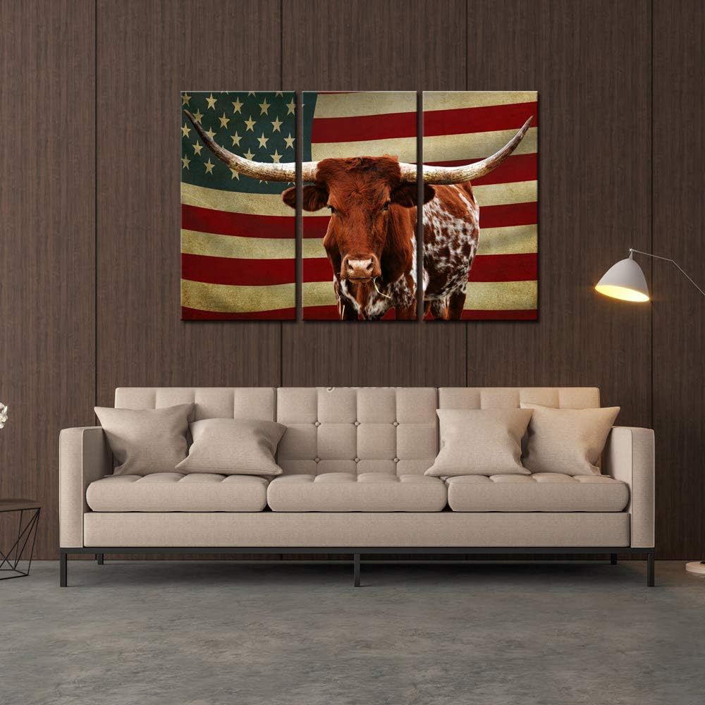 3 Piece Canvas Print Texas Longhorn with American USA Flag Wall Art R44369
