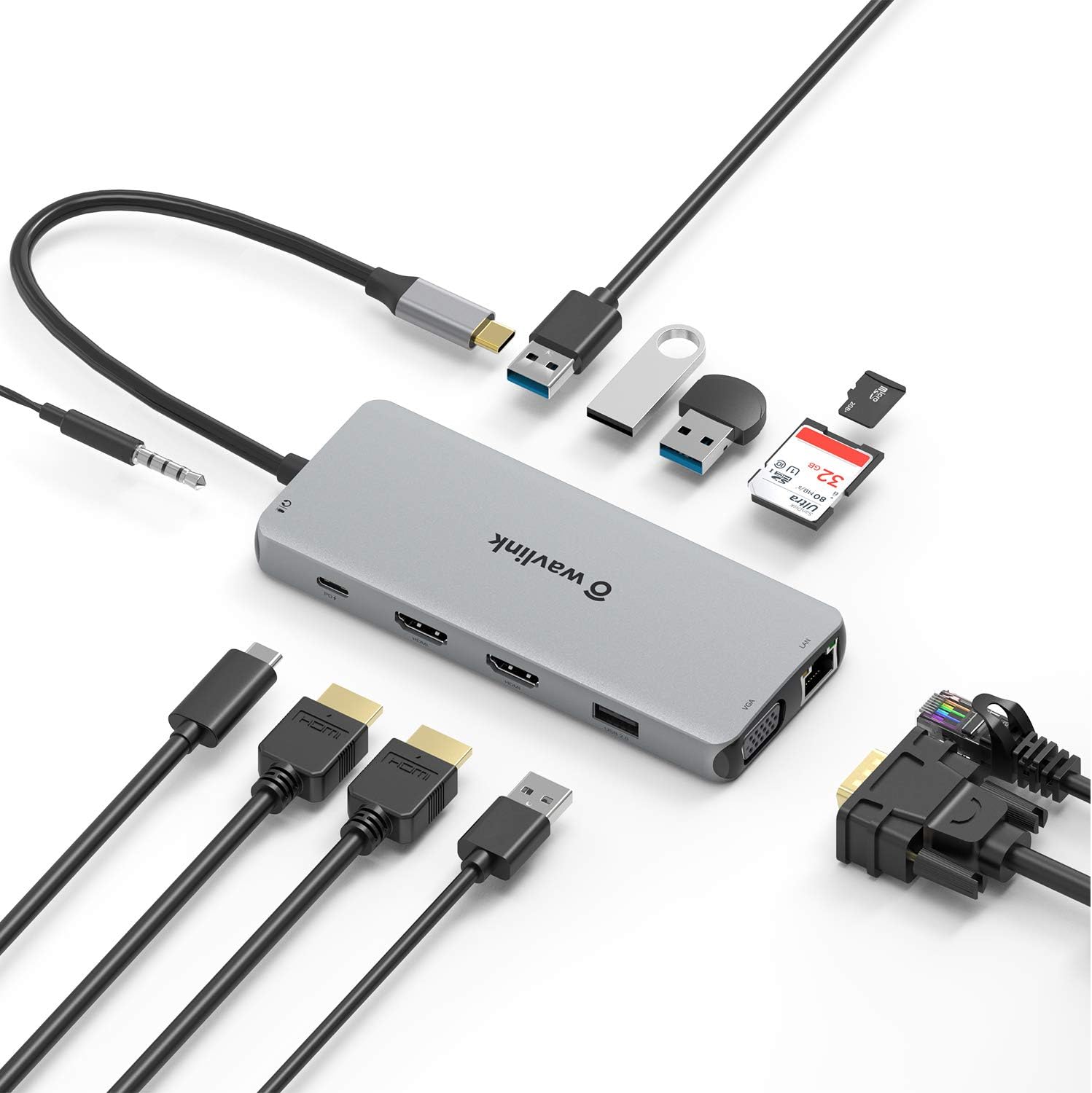 12-in-1 USB C Hub Docking Station Triple Display Type-C Adapter with Dual 4K HDMI / VGA Display Port, 87W PD3.0 Charging, Ethernet, Micro SD Card Reader, USB3.0 & 2 USB2.0 Ports O267