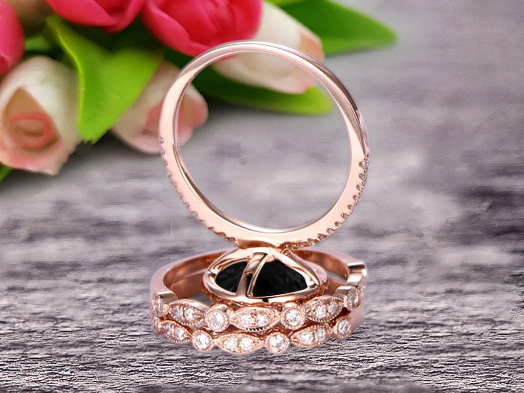 Black Diamond Moissanite Wedding Ring Set Engagement Ring 10k Rose Gold Stacking Matching Band 2.75 Carat Round Cut Gemstone L624701