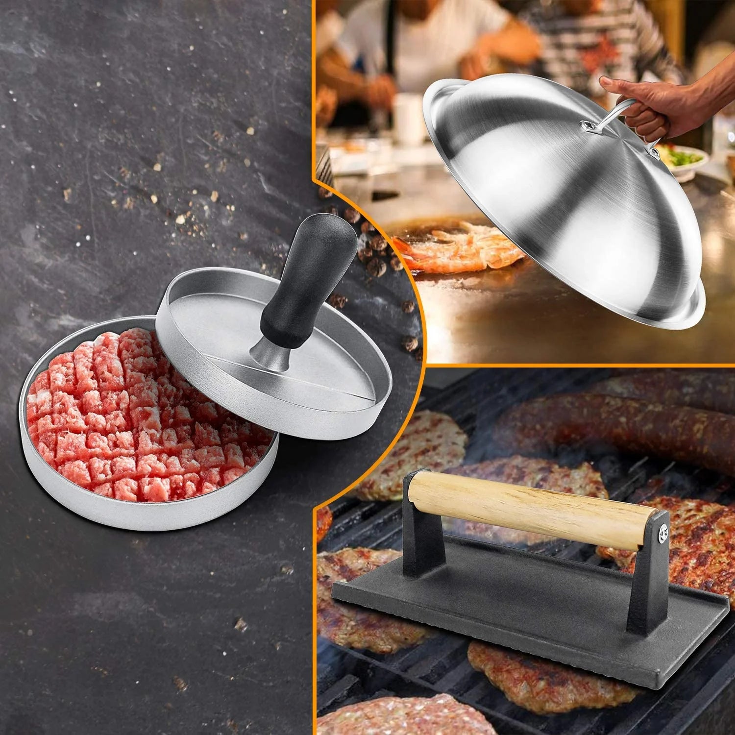 Griddle Tool Set Flat Top Grill Accessories Kit with 304 Melting Dome Lid, Spatulas, Scraper, Egg Rings, Burger Press Carrying Bag & Squirt Bottles Y346