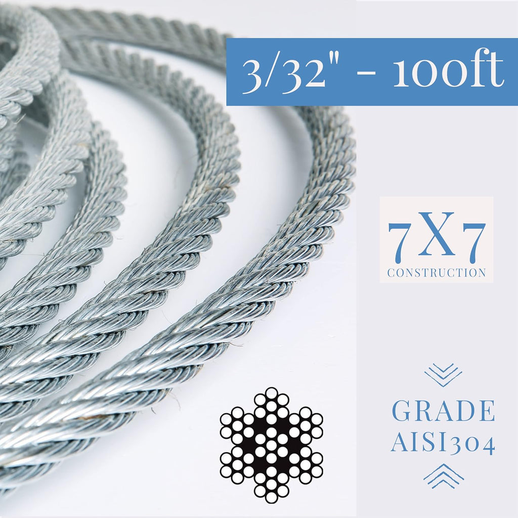 3/32 inch Stainless Steel Aircraft Cable Wire Rope 7x7 Strand 304 Grade 100 ft H900