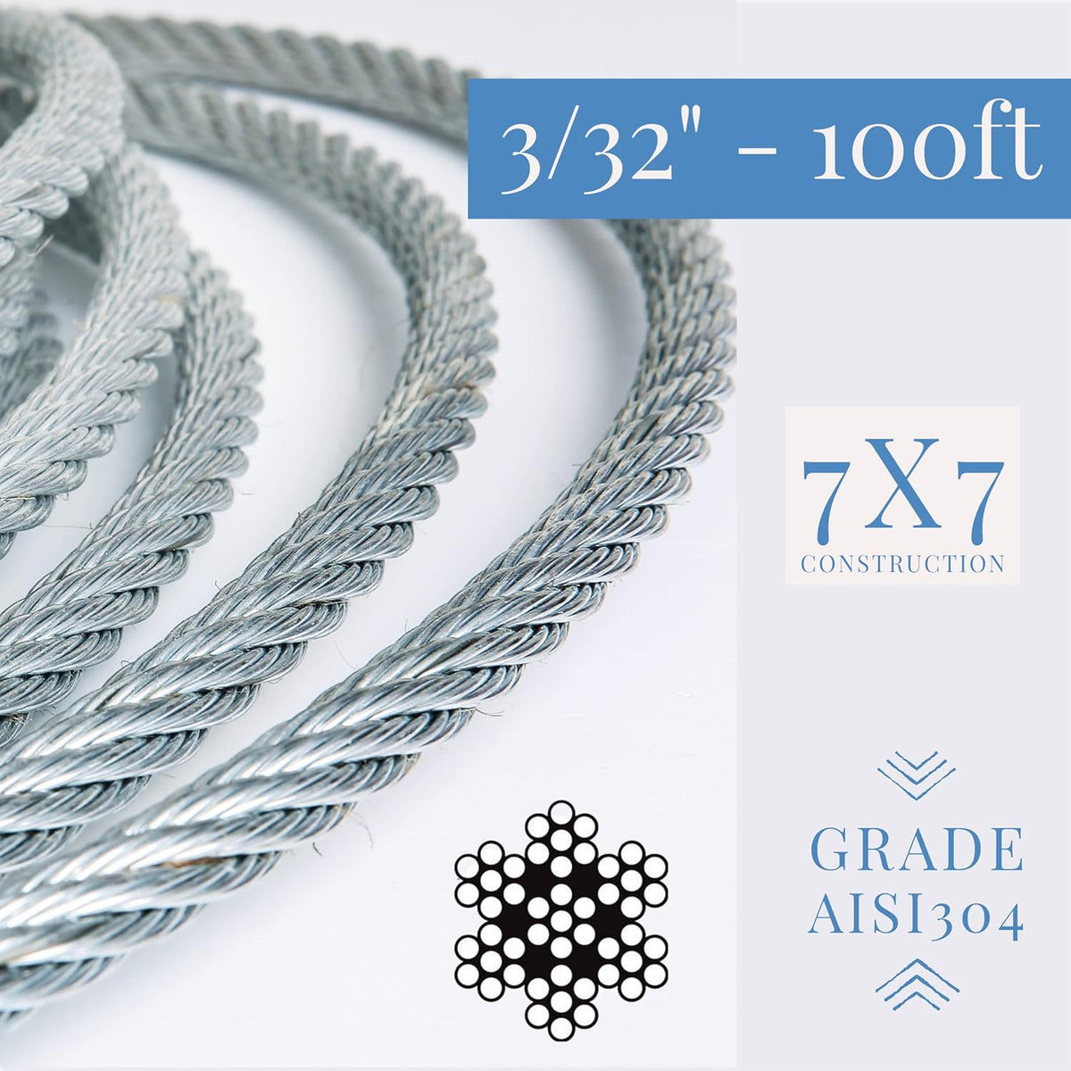 3/32 inch Stainless Steel Aircraft Cable Wire Rope 7x7 Strand 304 Grade 100 ft H900