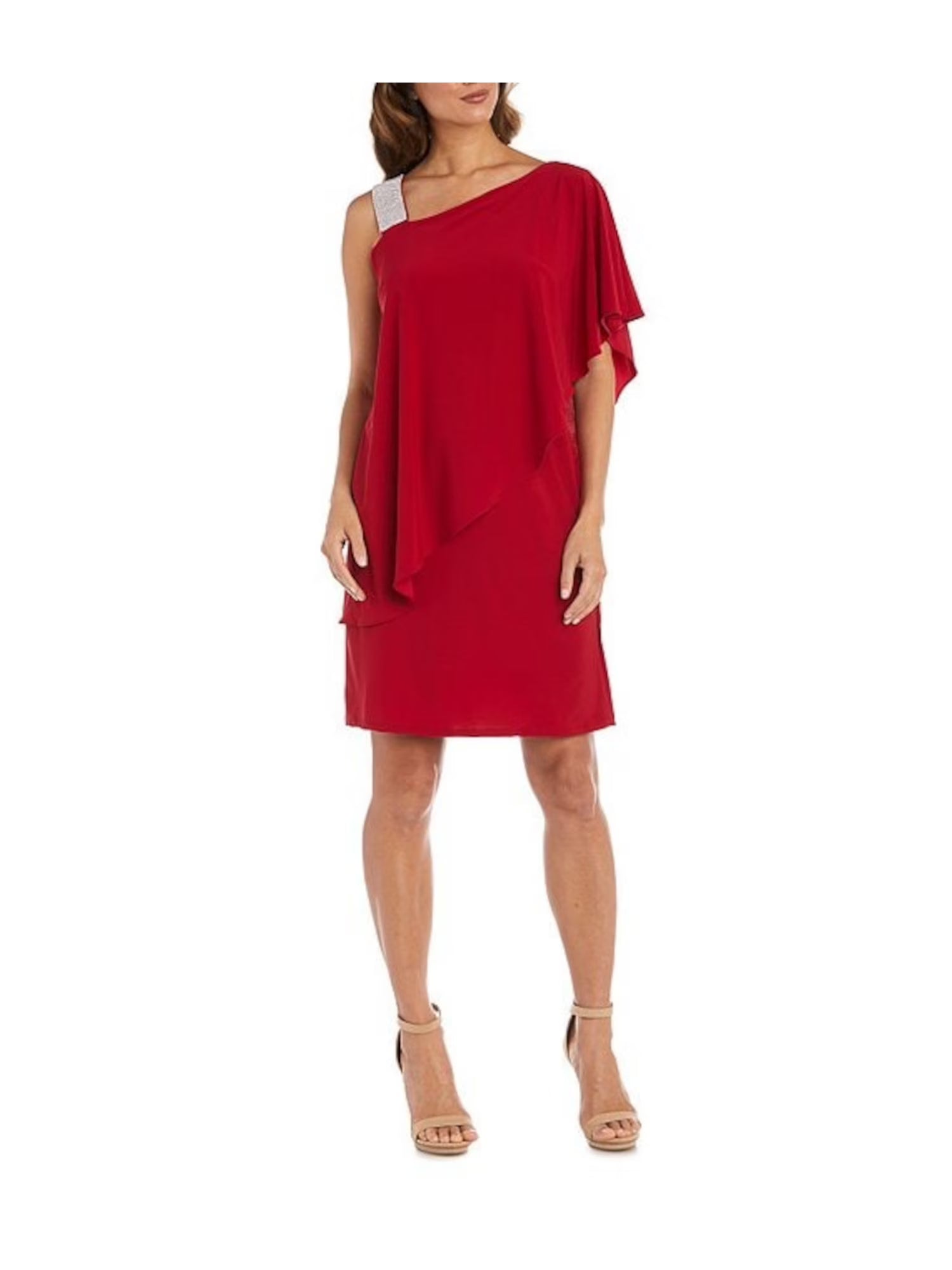 Red Embellished Ruffled Elbow Sleeve Shift Dress 14 K12667