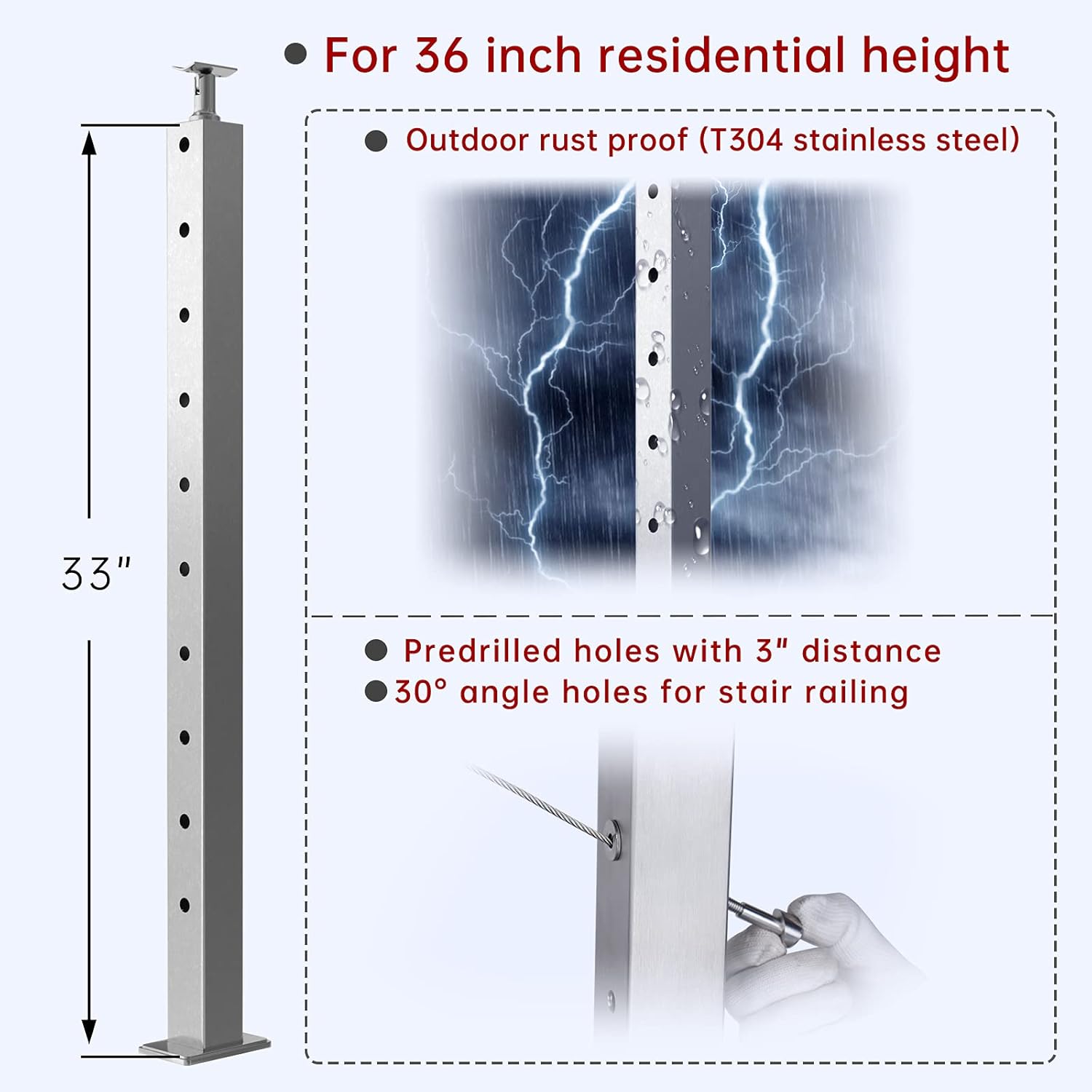 4Pack Stainless Steel Brushed Cable Railing Post Y2750