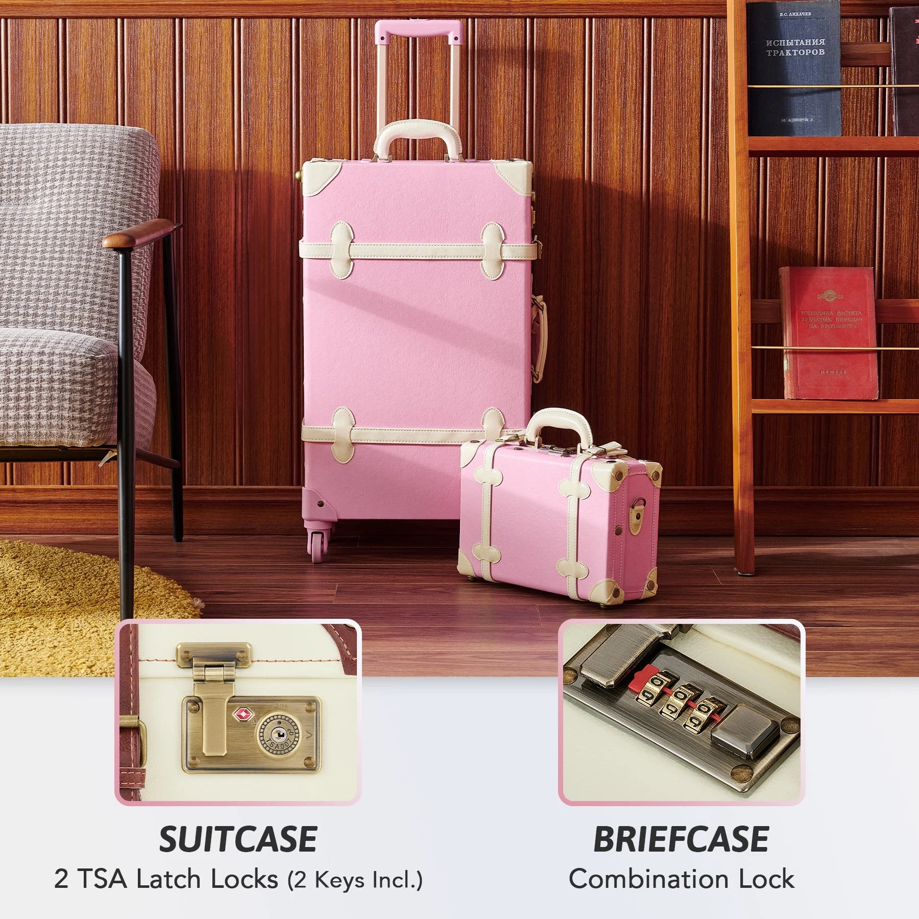 Vintage Hard Shell Suitcase Set with Spinner Wheels TSA Lock and Carry On Briefcase F800955