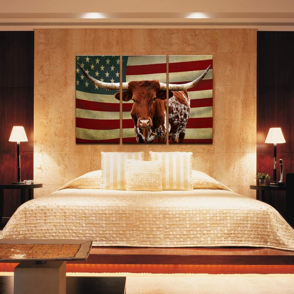 3 Piece Canvas Print Texas Longhorn with American USA Flag Wall Art R44369