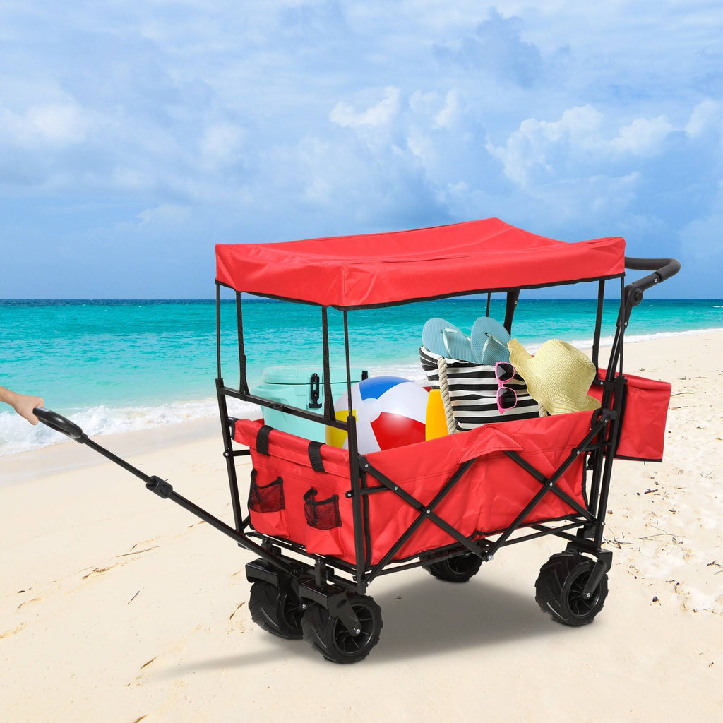 Red Collapsible Garden Utility Cart Wagon with Adjustable Handle, Canopy & All-Terrain Wheels A948739