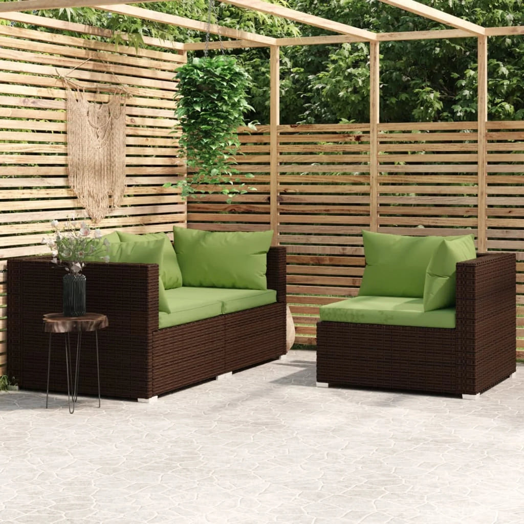 3 Piece Patio Lounge Set with Green Cushions Brown Poly Rattan Outdoor Sectional Sofa Set Steel Frame C6524