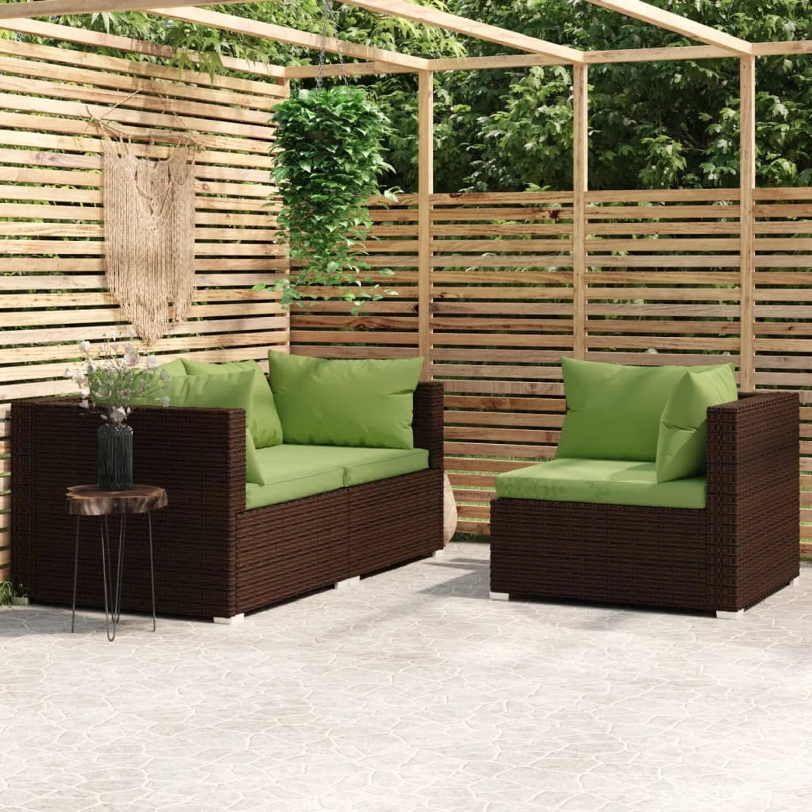 3 Piece Patio Lounge Set with Green Cushions Brown Poly Rattan Outdoor Sectional Sofa Set Steel Frame C6524