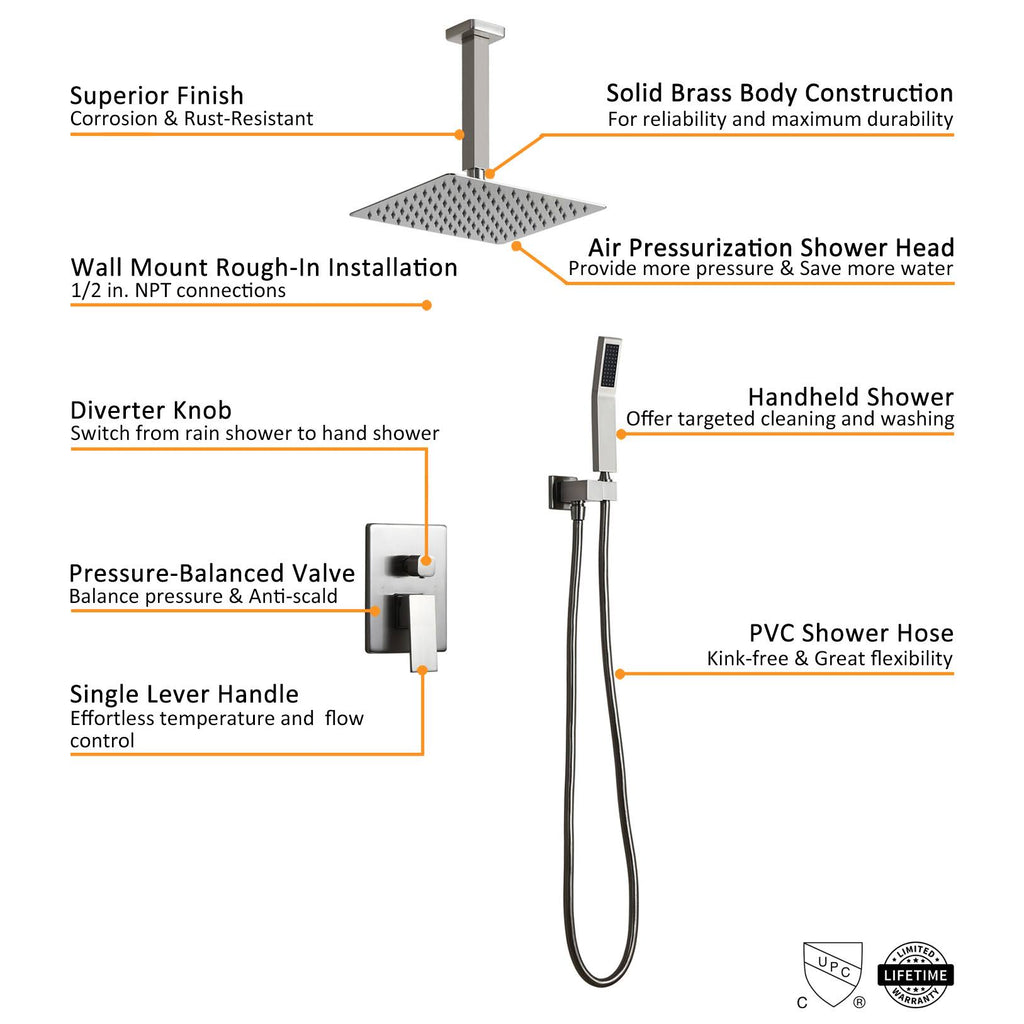 Brushed Nickel Wall Mounted Shower Set with Square Ceiling Mount Rainfall Shower Head L374188