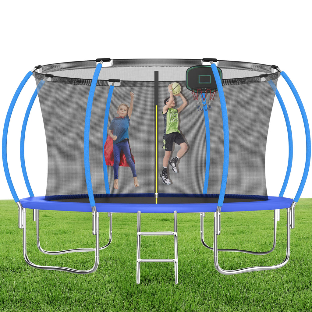 12FT Blue Outdoor Kids Trampoline with Basketball Hoop & Enclosure I710650