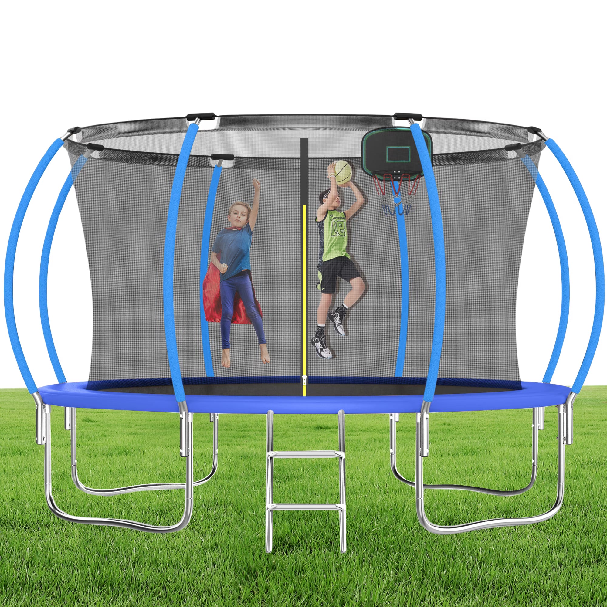 12FT Blue Outdoor Kids Trampoline with Basketball Hoop & Enclosure I710650