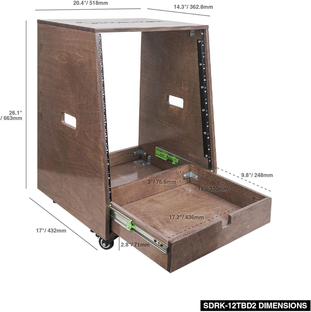 12U Slanted Studio Rack with 2U Drawer, Plywood, Weathered Gray Y1338