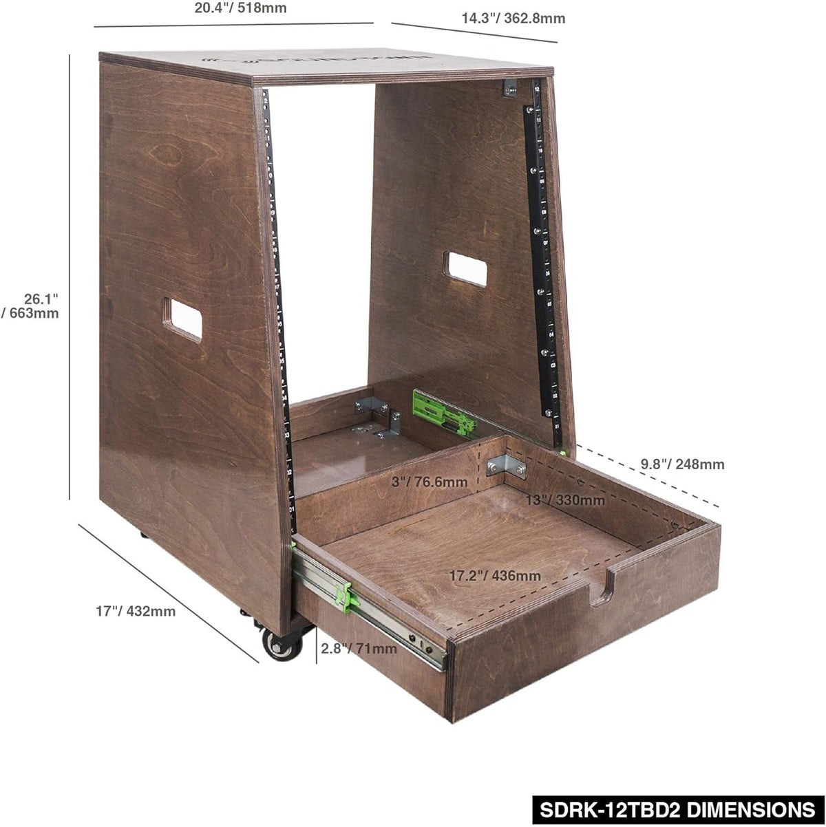 12U Slanted Studio Rack with 2U Drawer, Plywood, Weathered Gray Y1338