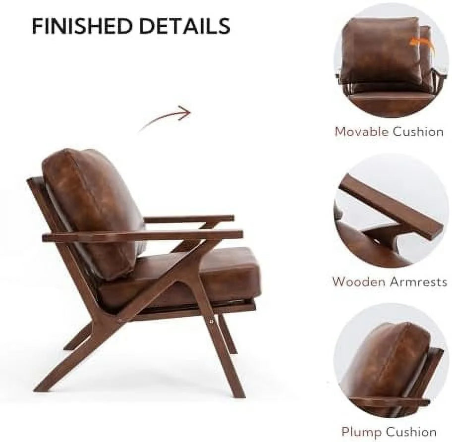 Brown Faux Leather Accent Chair with Wooden Frame O7826