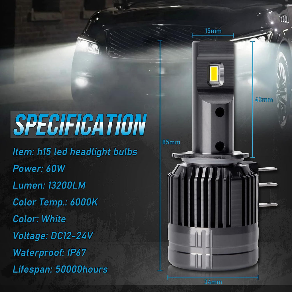 H15 LED Headlight Bulbs 60W 13200LM 6000K White Pack of 2 A315789