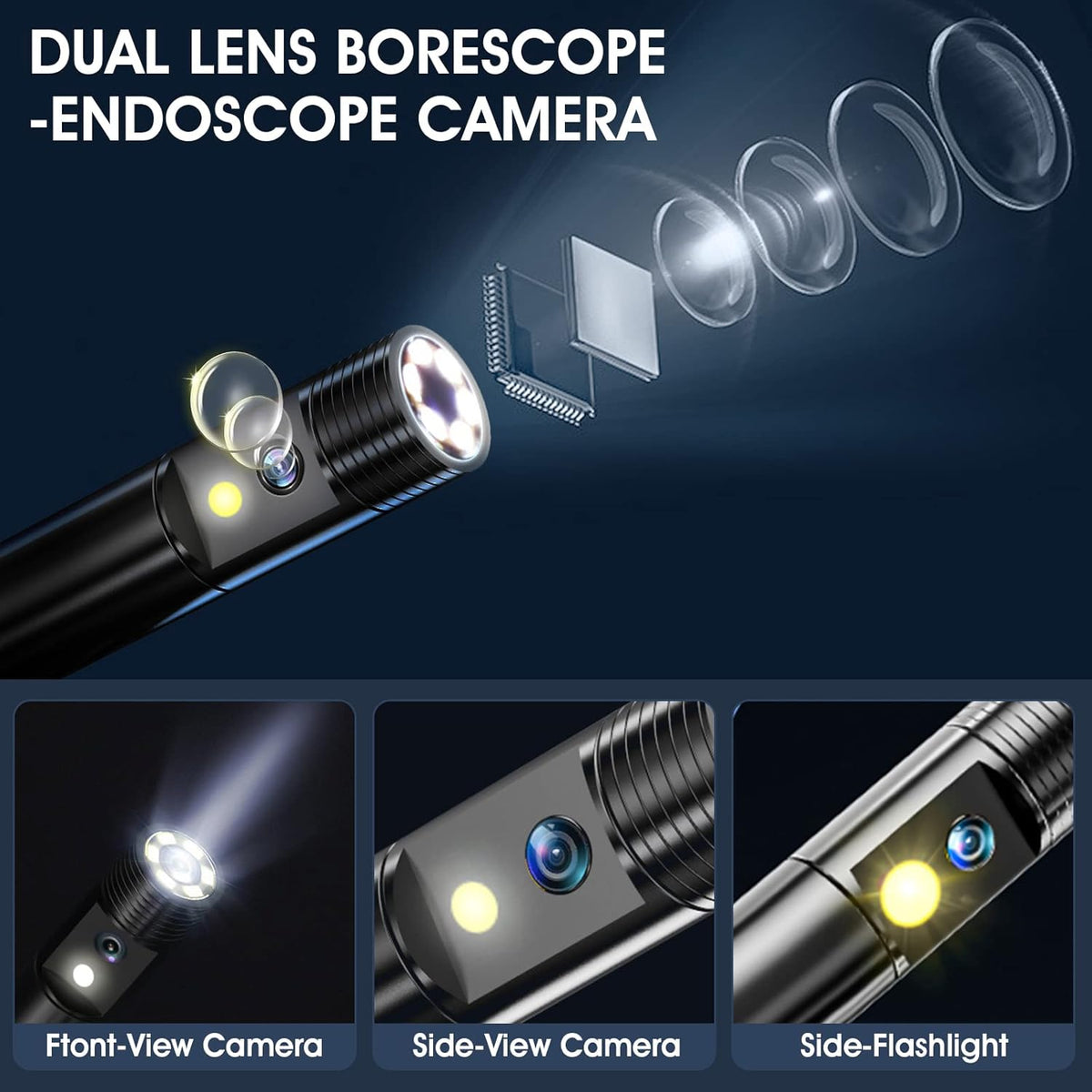 Dual Lens Industrial Endoscope with Flashlight, 4.3 LCD Screen 8mm IP67 Waterproof Detachable Snake Camera 32.8ft T6882