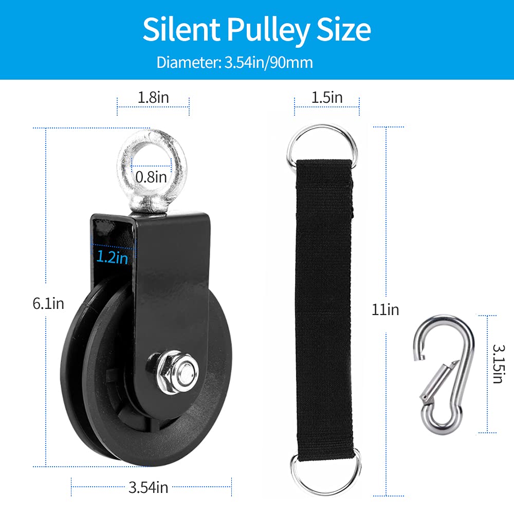 3.54in/90mm Gym Cable Pulley Wheel with Hanging Straps and Carabiner, 360 Degree Rotating Silent Pulley, Pack of 2 A5828